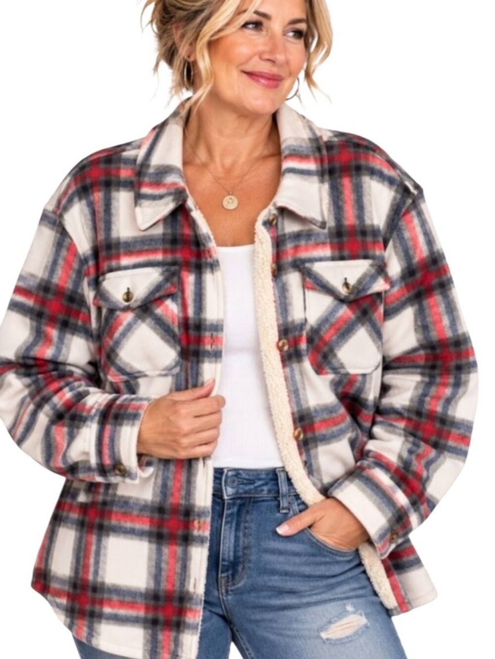 Sage Collective Women’s XXL Red Plaid Sherpa Lined Shacket Jacket NEW